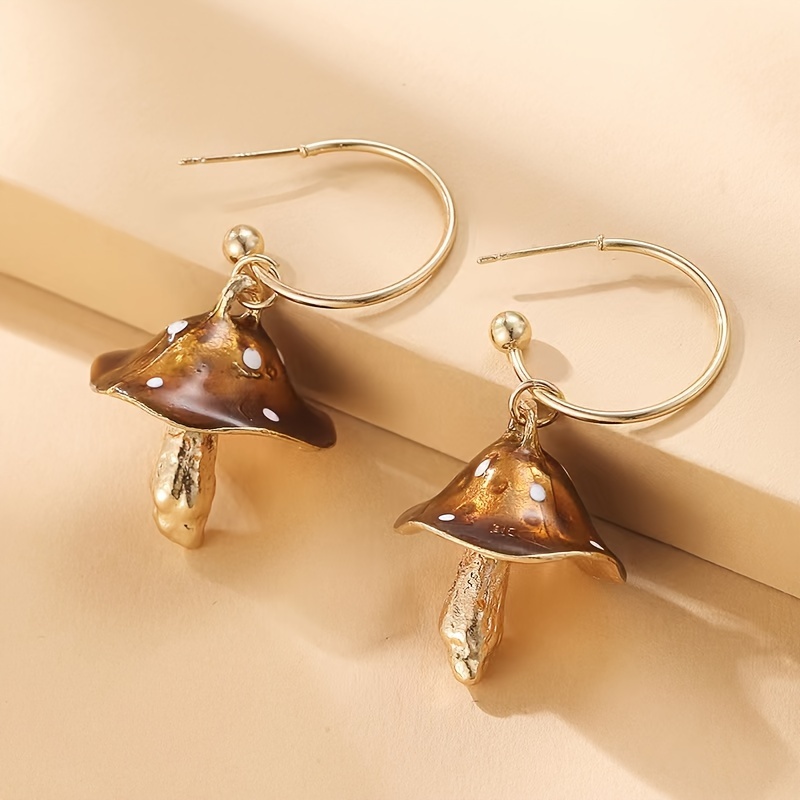 Vintage Mushroom Dangle Earrings Enamel Coating Hypoallergenic